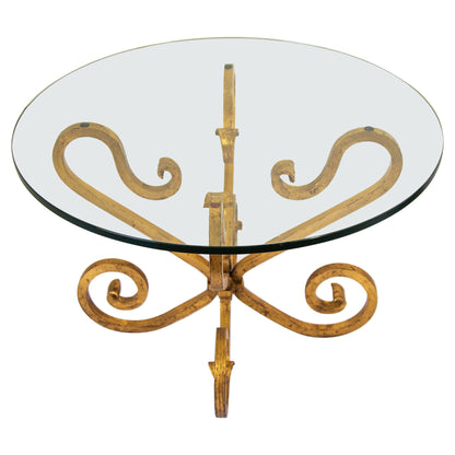 1950s Italian Hollywood Regency Round Gilded Wrought Iron and Glass Side Table — Italy