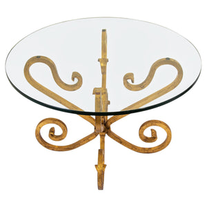 1950s Italian Hollywood Regency Round Gilded Wrought Iron and Glass Side Table