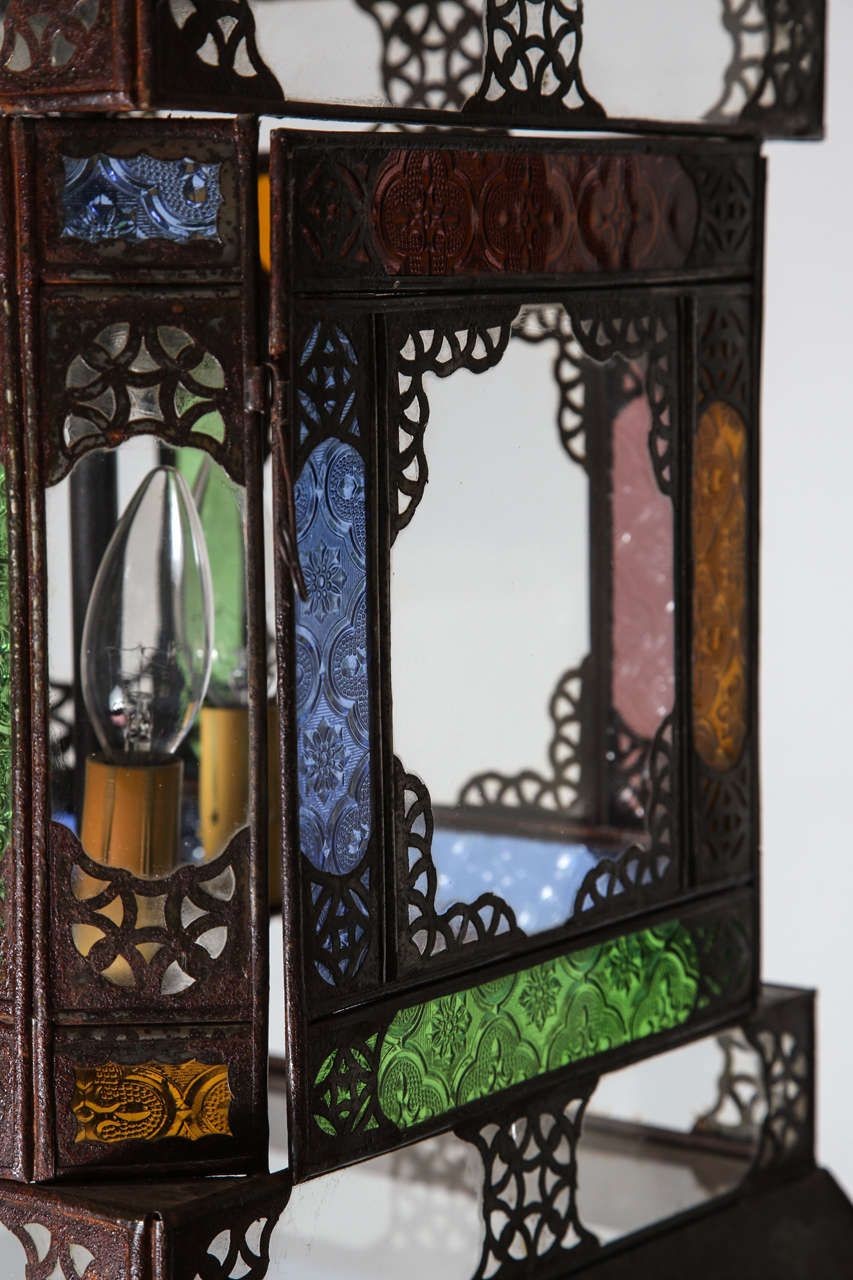 Moroccan Handcrafted Metal and Glass Lantern, Bohemian Style, 1980