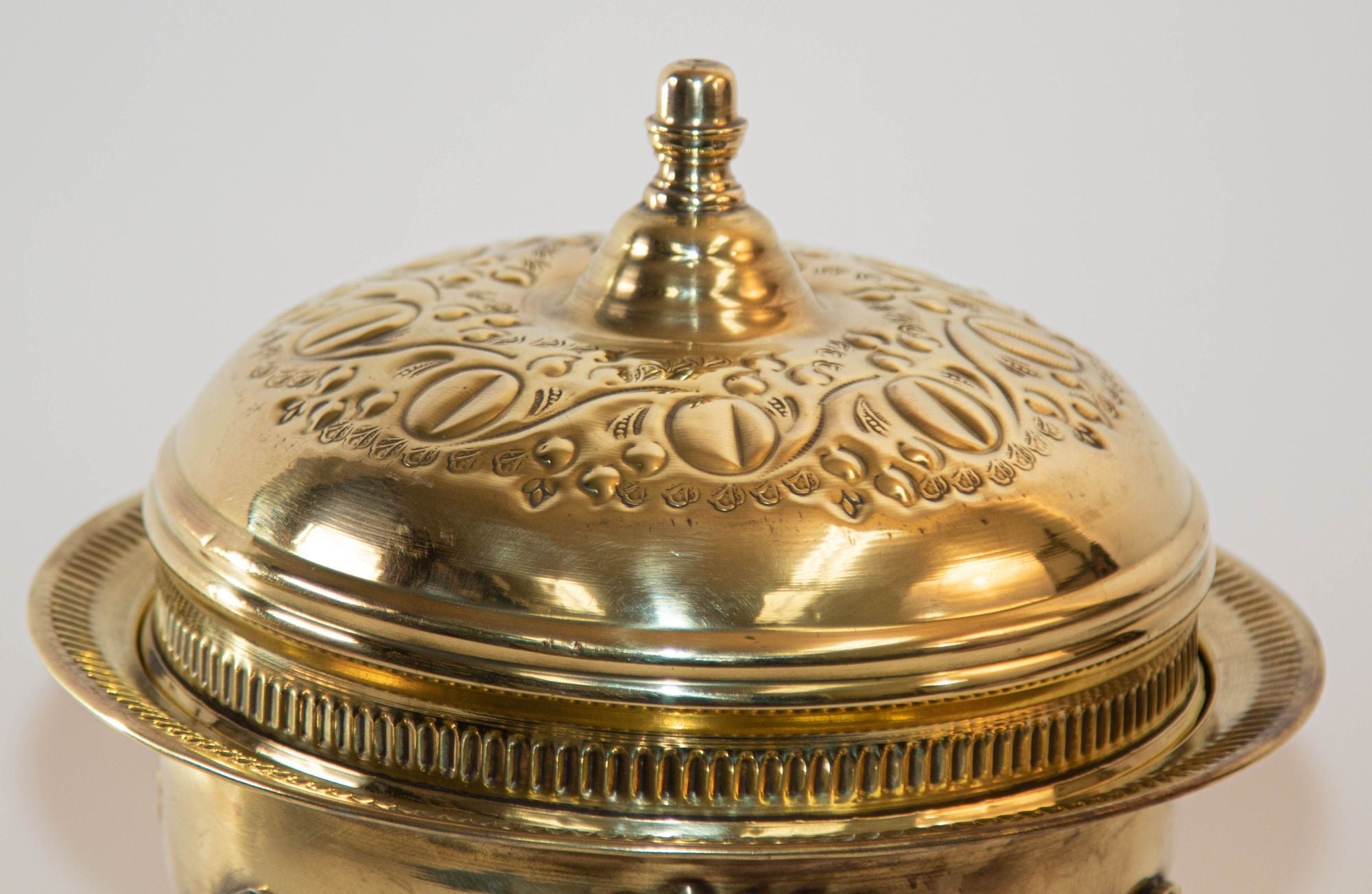 1940s Antique Round Moroccan Brass Serving Dish with Dome Lid and Paw Lion Feet.
