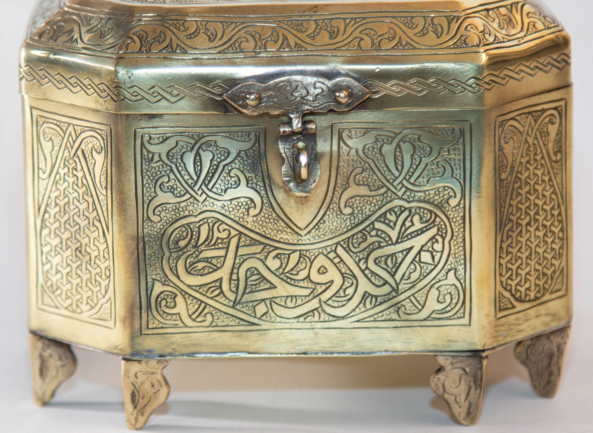 Persian Brass Jewelry Box in Mamluk Revival Damascene Moorish Islamic Style 1920