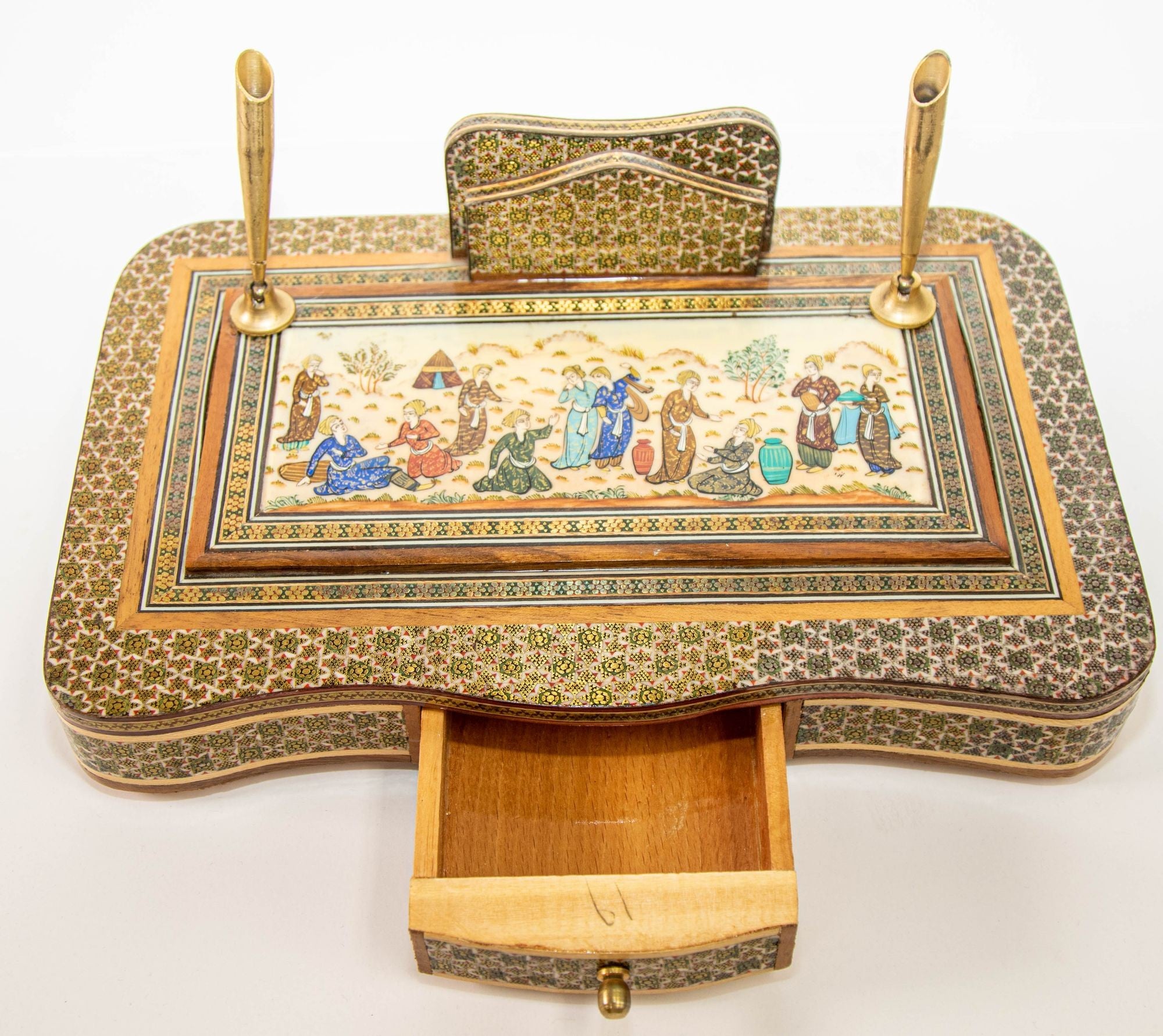 Vintage 1950s Persian Khatam Hand Painted Pen and Letter Desk Set