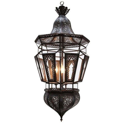 Vintage Moroccan Moorish Clear Glass Pierced Metal Lantern Chandelier, 1980s