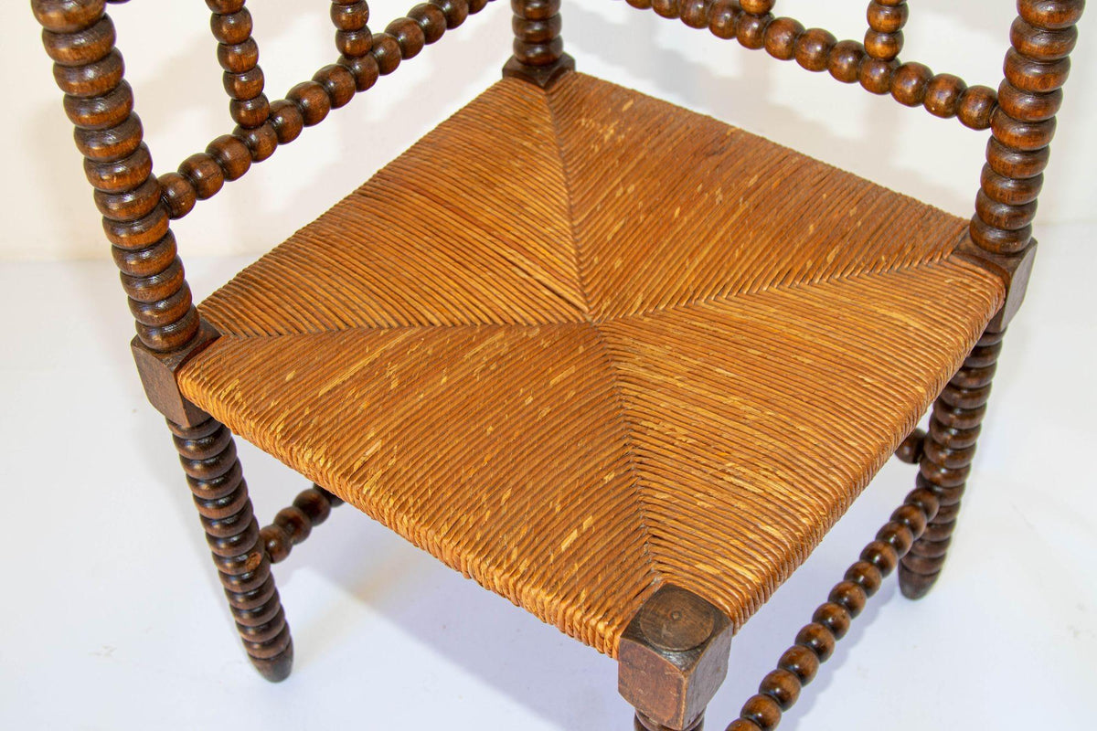 19th Century Antique French Bobbin Rush Corner Chair in Carved Oak — France