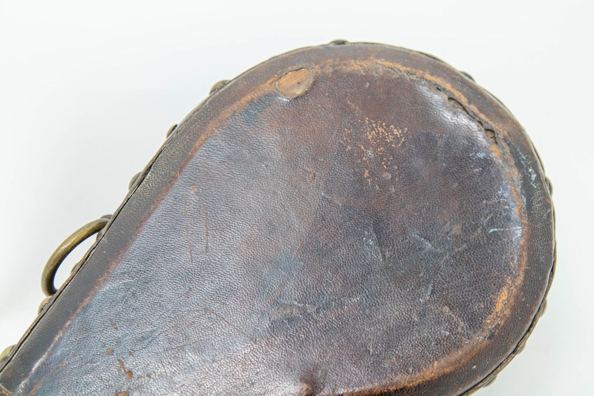 Antique Moroccan Carved Wood and Tooled Leather Powder Flask, 19th Century
