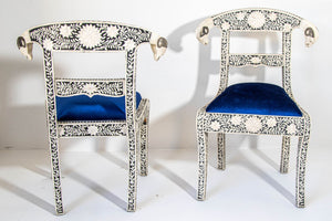 Antique Anglo-Indian Side Chairs with Ram's Head Bone Inlay Royal Blue Seat Pair