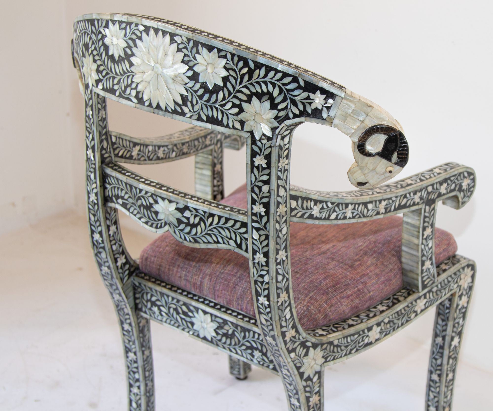 Anglo-Indian Mughal Mother of Pearl Inlaid Klismos Armchair with Ram Head 1 of 2