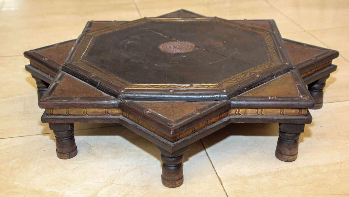 Indian Star Shape Wooden and Brass Low Coffee Table 1950s