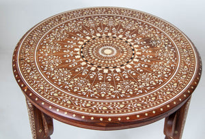 19th c. Anglo Indian Mughal Teak Bone Inlaid Round Side Table