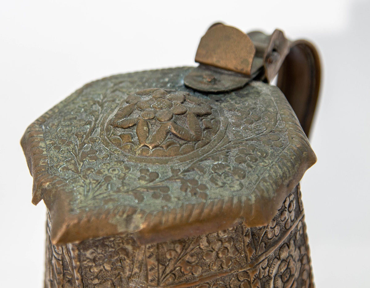 19th Century Antique Indo-Persian Copper Teapot with Floral Design