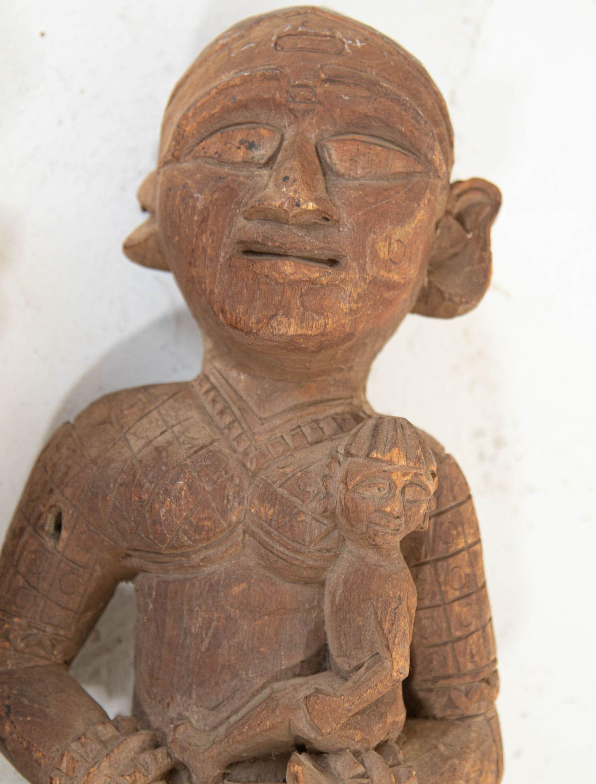 Antique Architectural Indian Carved Wood Temple Sculpture of Mother and Child — India