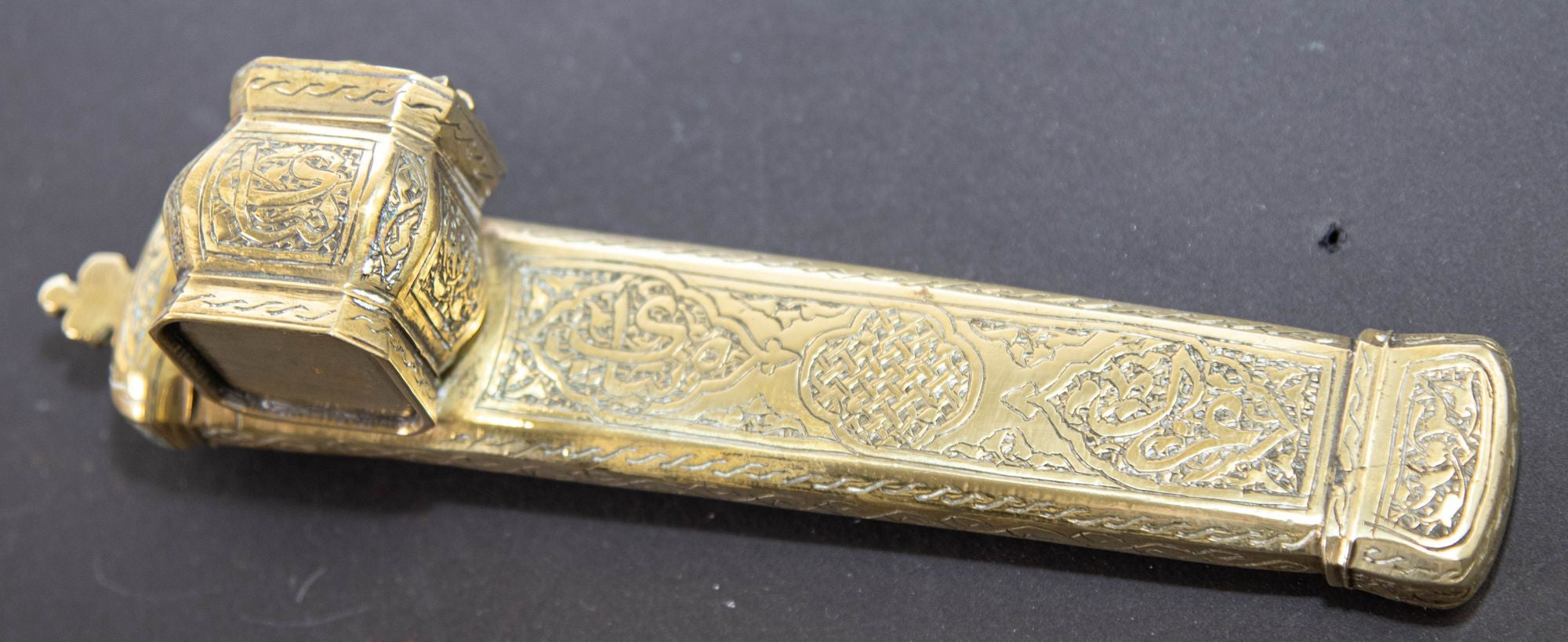 Antique 19th C. Ottoman Turkish Brass Inkwell Qalamdan with Arabic Calligraphy Writing