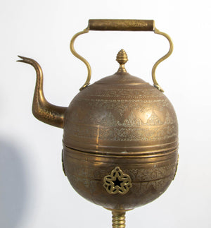 Antique Moroccan Brass Tea Kettle Pot on Stand 1930