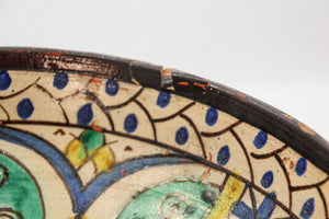 19th C. Moroccan Ceramic Bowl Polychrome Footed Dish Fez