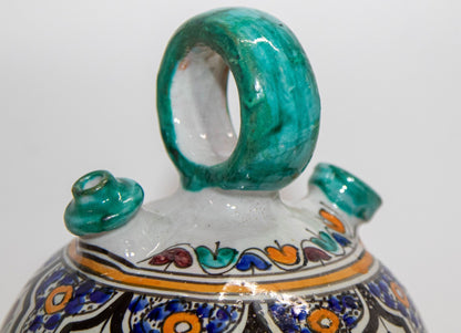 Vintage 1940s Moroccan Fez Polychrome Ceramic Water Moorish Hand-Painted Jug