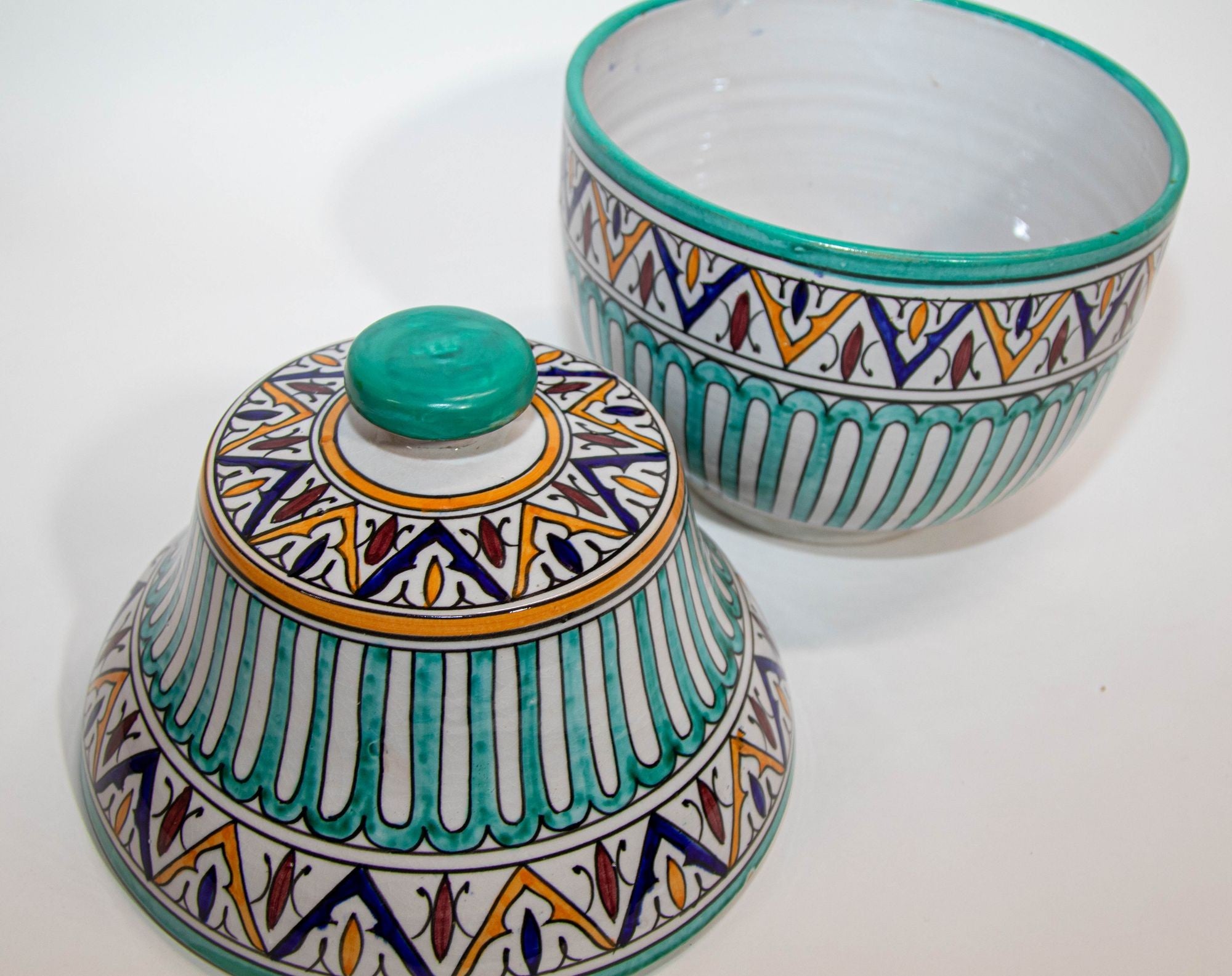 Moroccan Ceramic Covered Jar Handcrafted in Fez Morocco 1950s