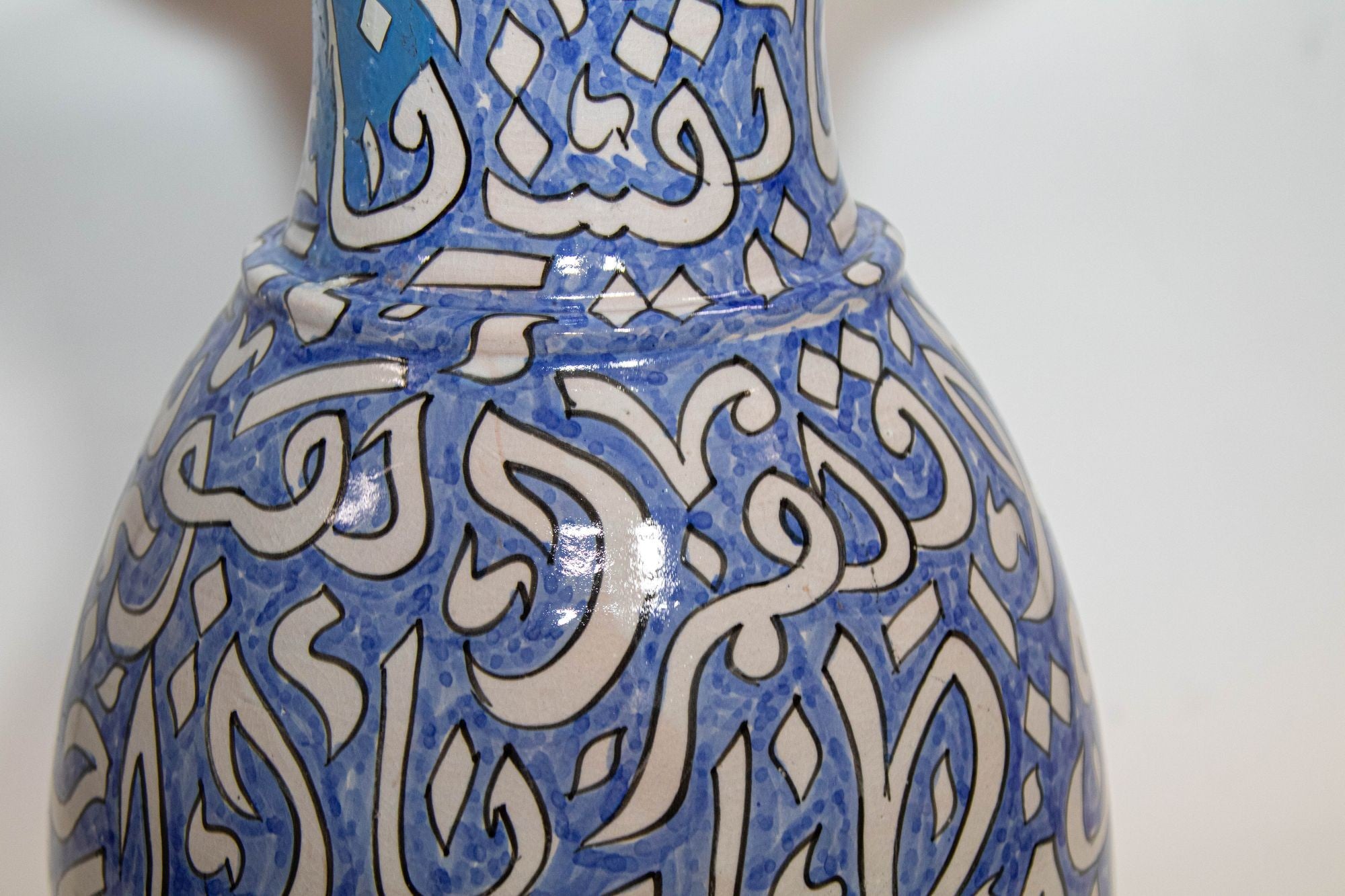 Moroccan Glazed Ceramic Vase with Arabic Blue Writing from Fez Morocco