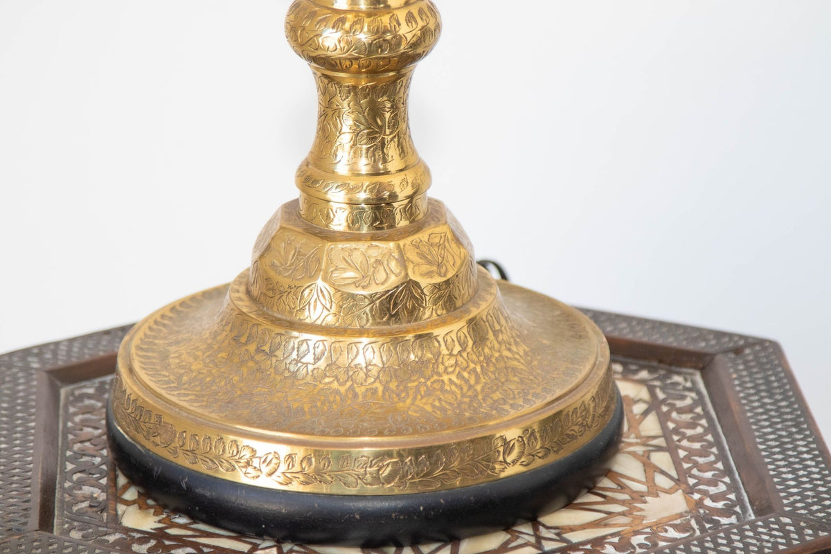 Vintage Polished Etched Solid Brass Candle Holder Table Lamp India