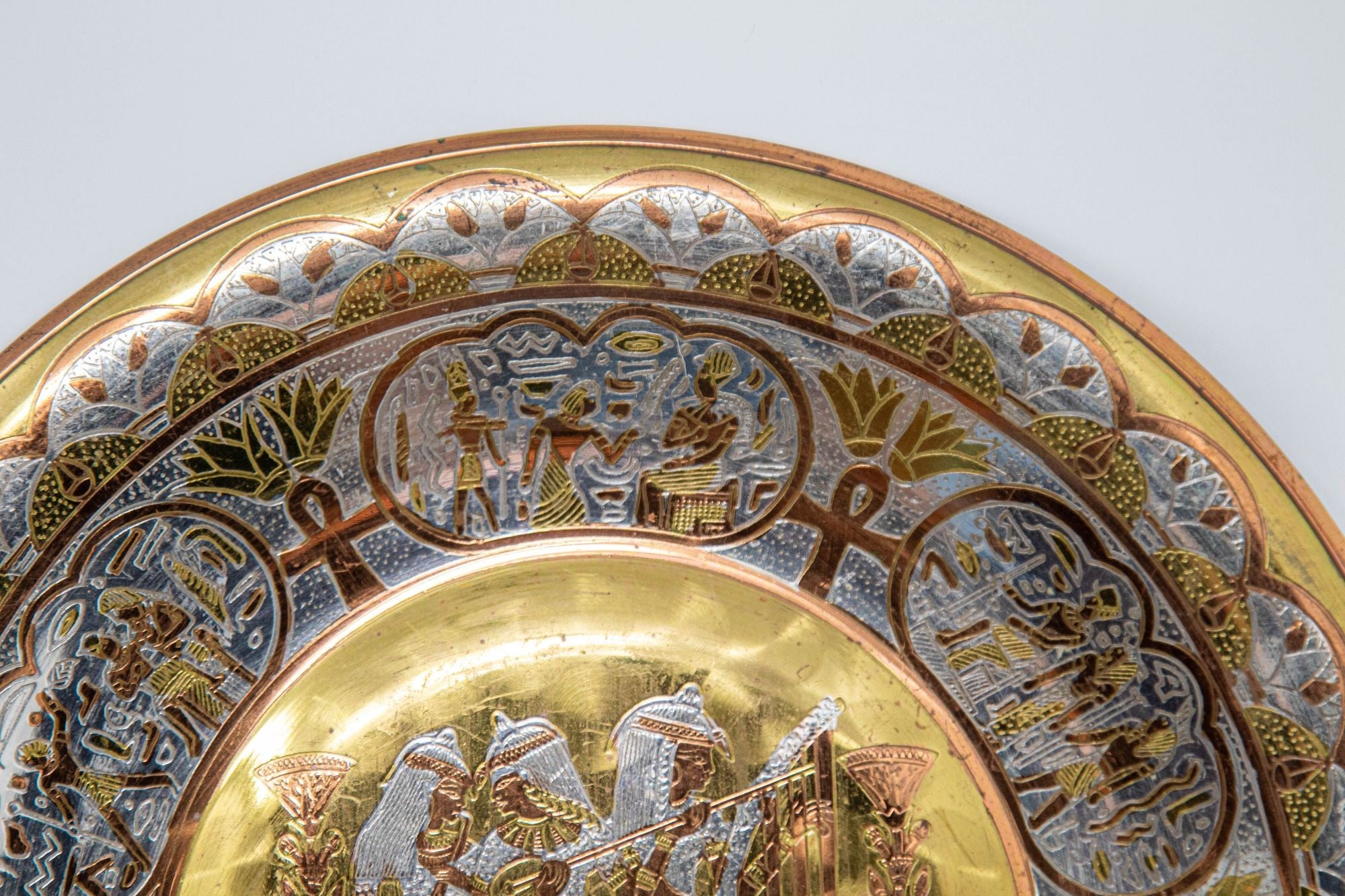 Egyptian Round Brass Tray with Silver and Copper Overlay Wall Hanging 1970