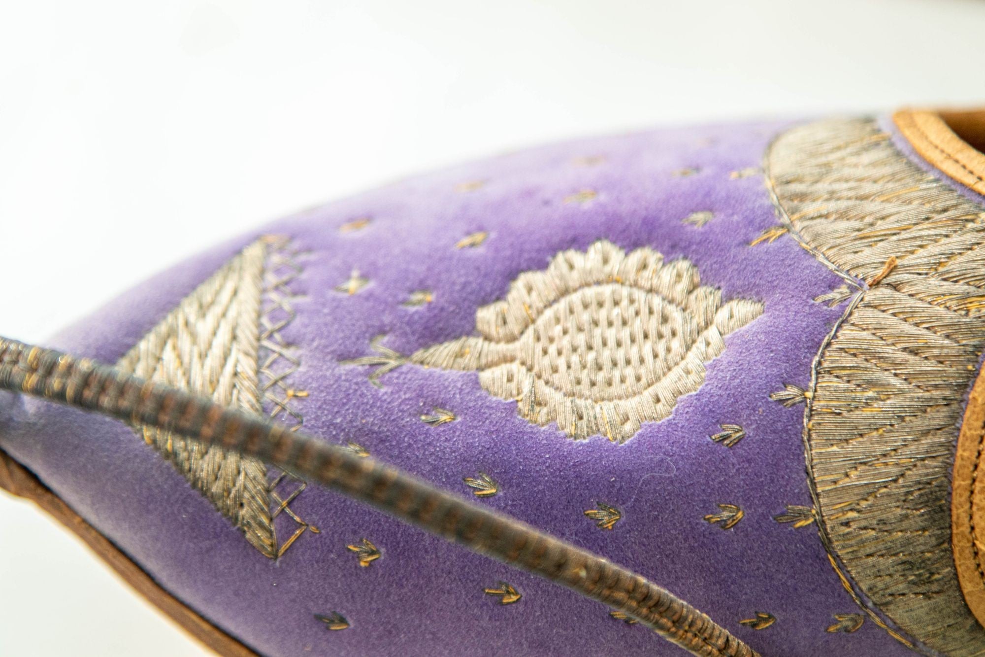 Antique Leather Purple Velvet Suede Mughal Raj Moorish Shoes Gold Embroidered