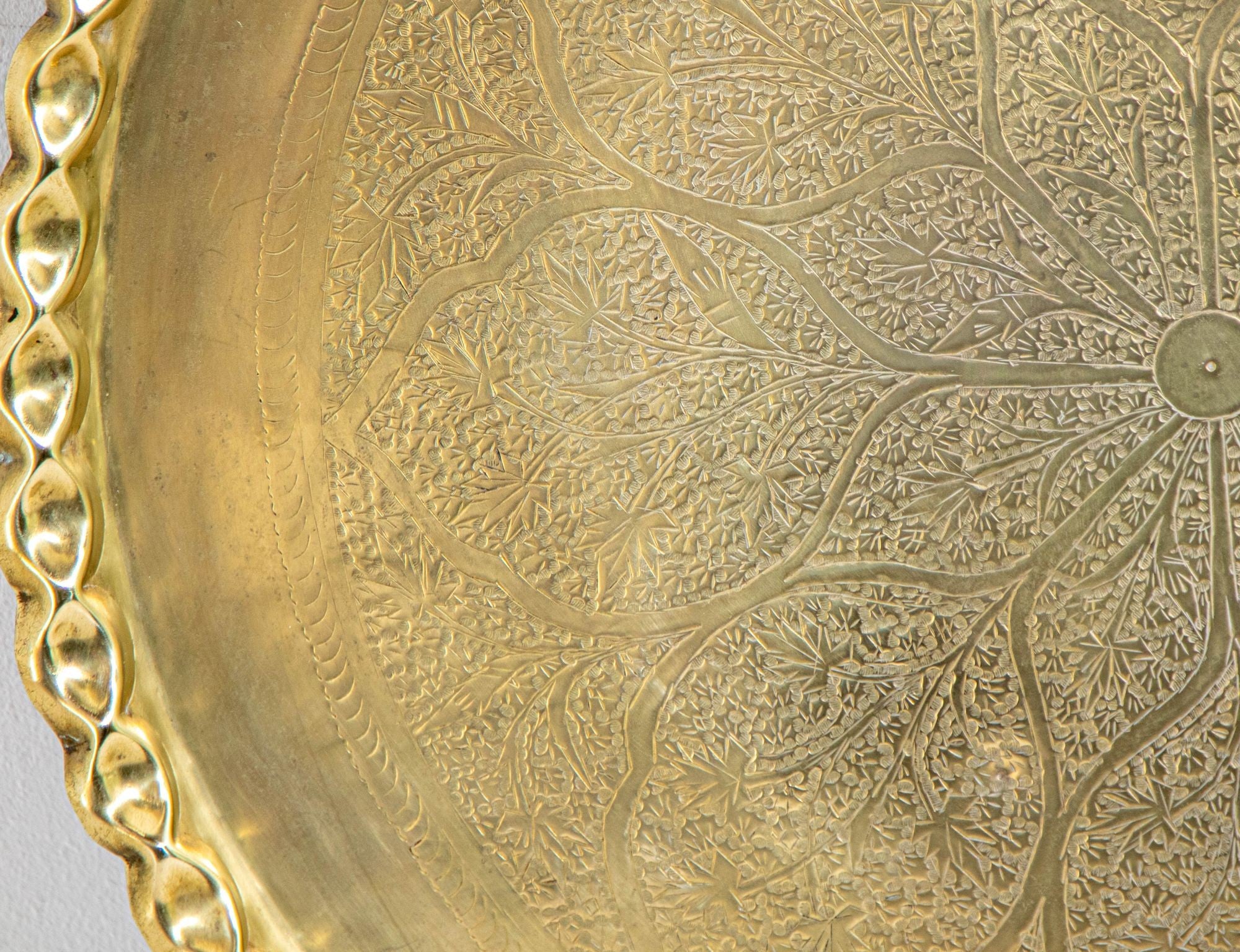 Antique Islamic Mughal Rajasthani Large Moorish Round Brass Tray with Crest Edges 30 in.