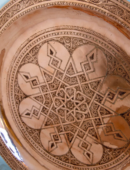 Antique Oversized Moroccan Metal Copper Tray 31 in Diameter