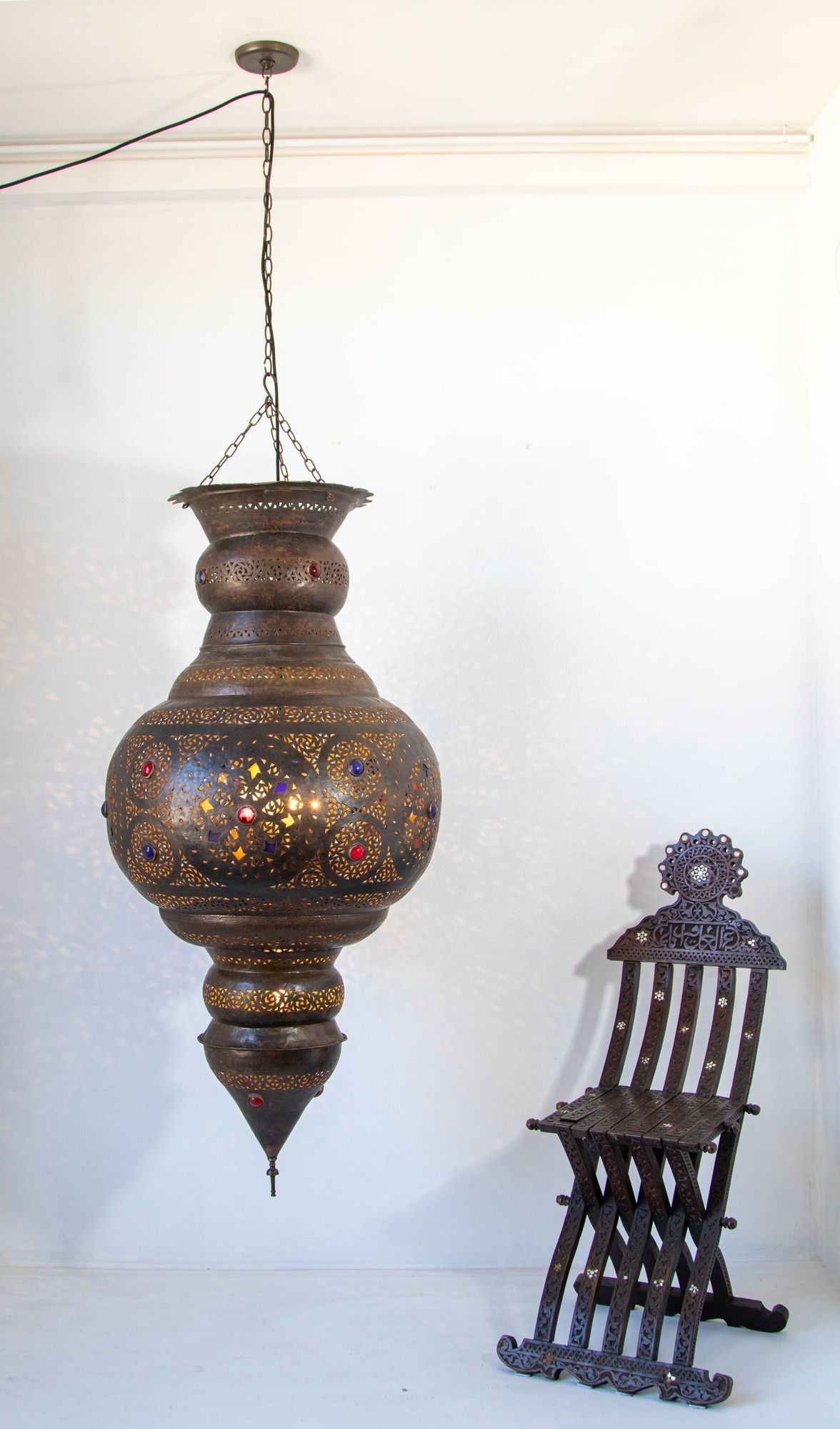 Large Moroccan Moorish Pierced Brass Chandelier with Colored Glass, circa 1940