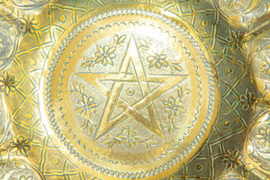 1950s Moroccan Brass Tray with Star and Moon Pattern 13 in. Diameter