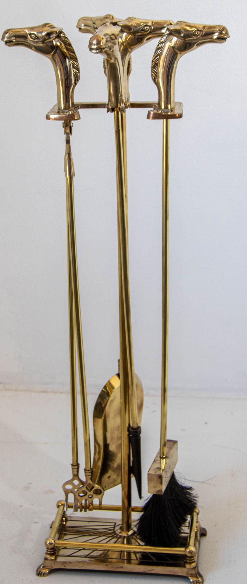 French Brass Horse Head Fireplace Tool Set Equestrian Hollywood Regency Style