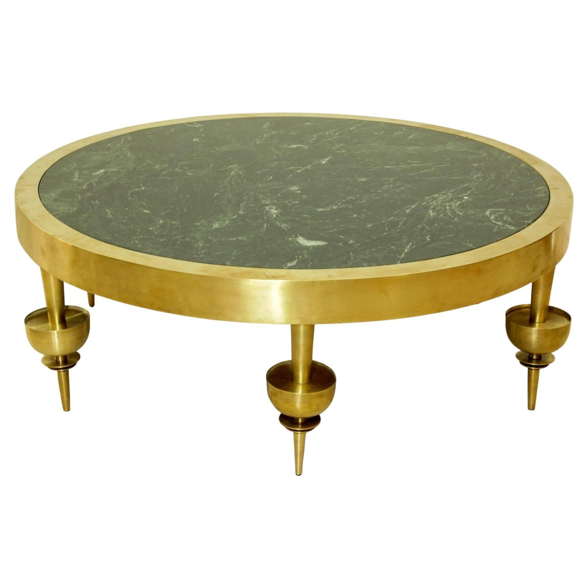 Custom Modernist Art Deco Polished Brass & Green Marble Round Coffee Table, 2010 — detail view 11