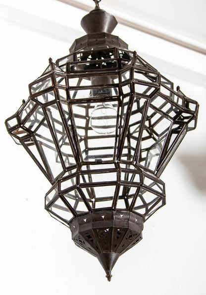 Vintage Moroccan Glass Lantern, Moorish Style Metal Fixture, 1980s