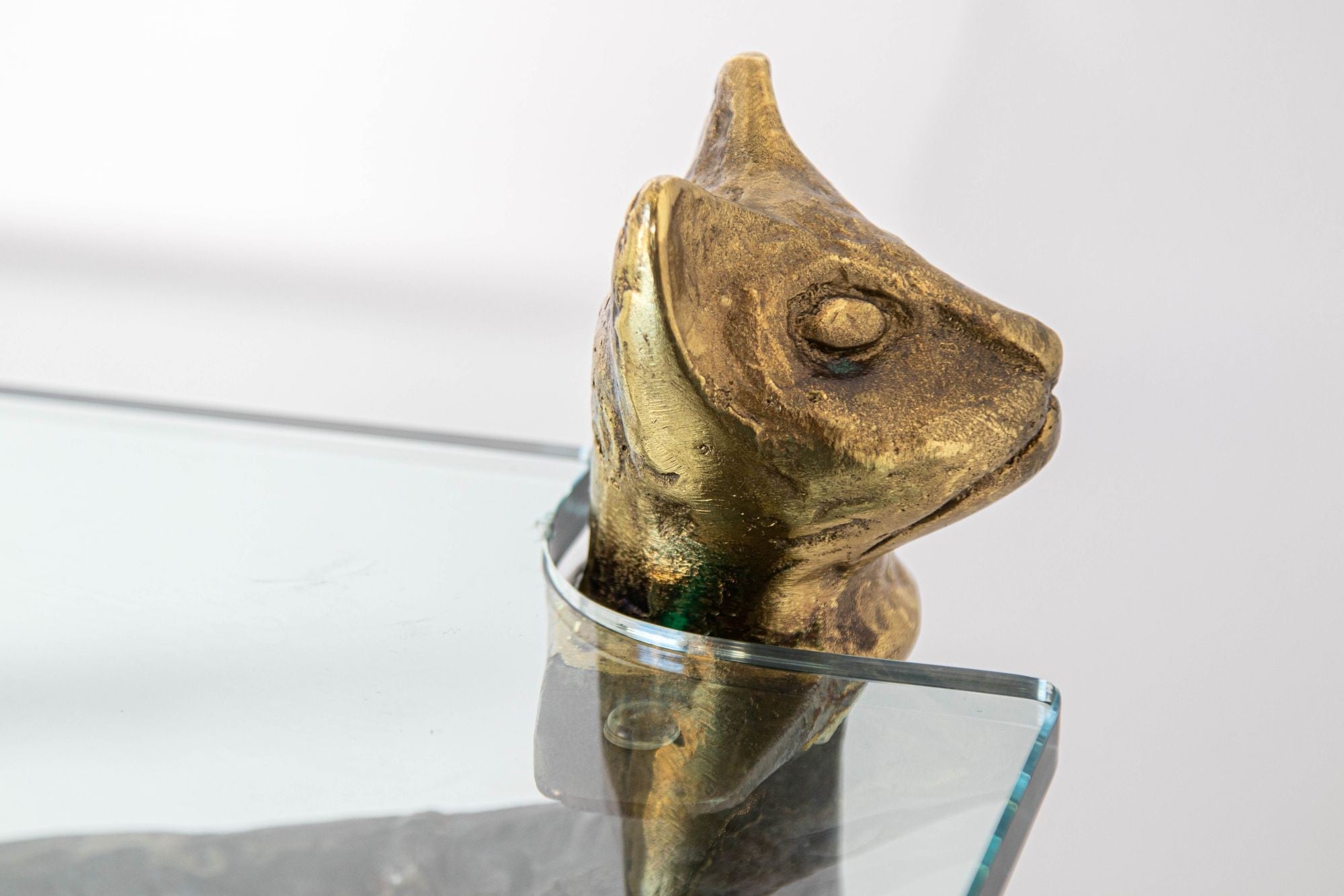 Giacometti Style Sculptural Brutalist Iron and Glass Console Table With Cat Head