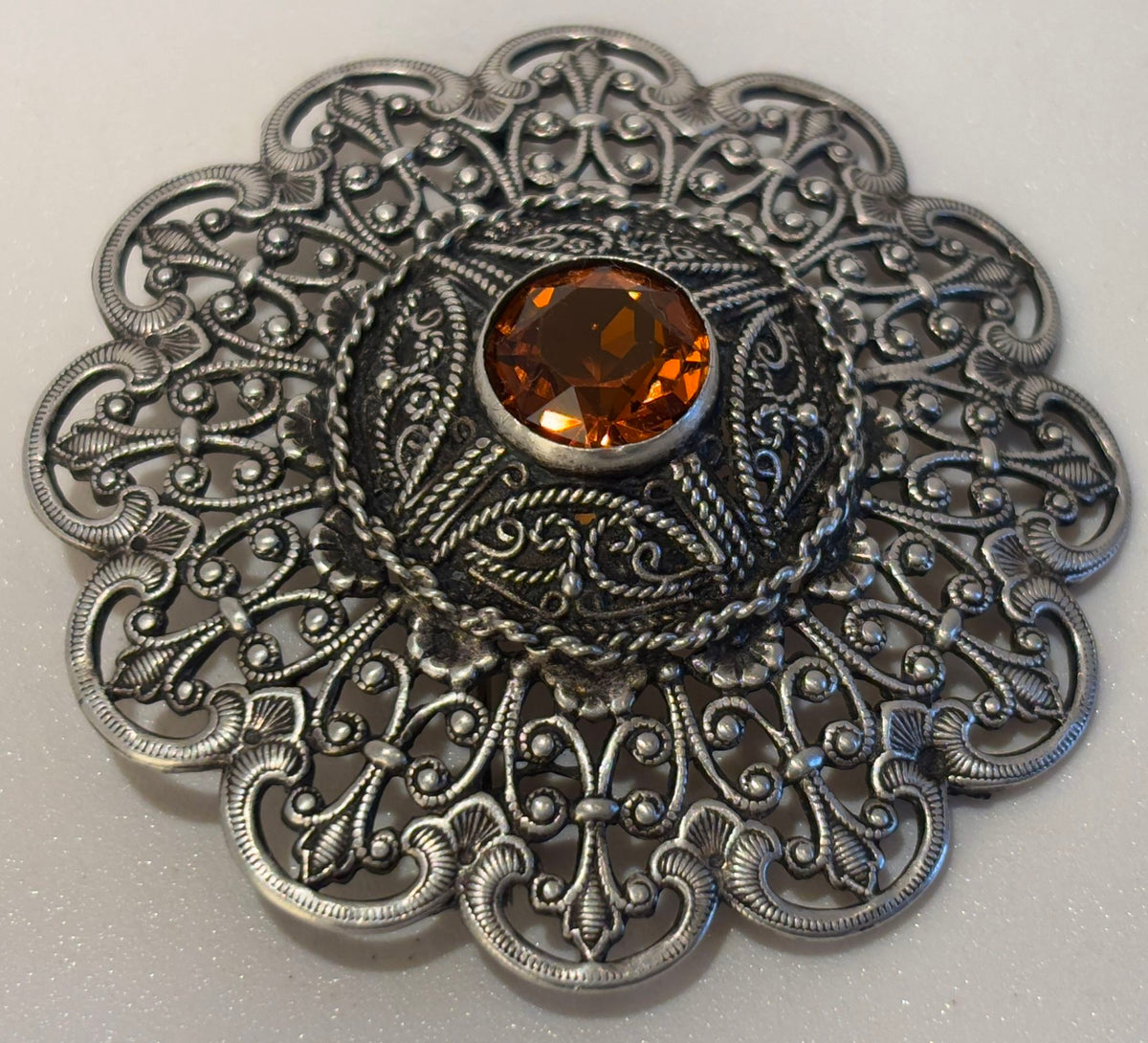 Ottoman Style Turkish Silver Brooch or Veil Pin with Moorish Filigree Lace