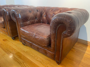 Vintage English Brown Leather Tufted Chesterfield Club Armchairs a Pair