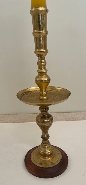 Vintage Polished Brass Moroccan Pillar Candle Holder 1950s