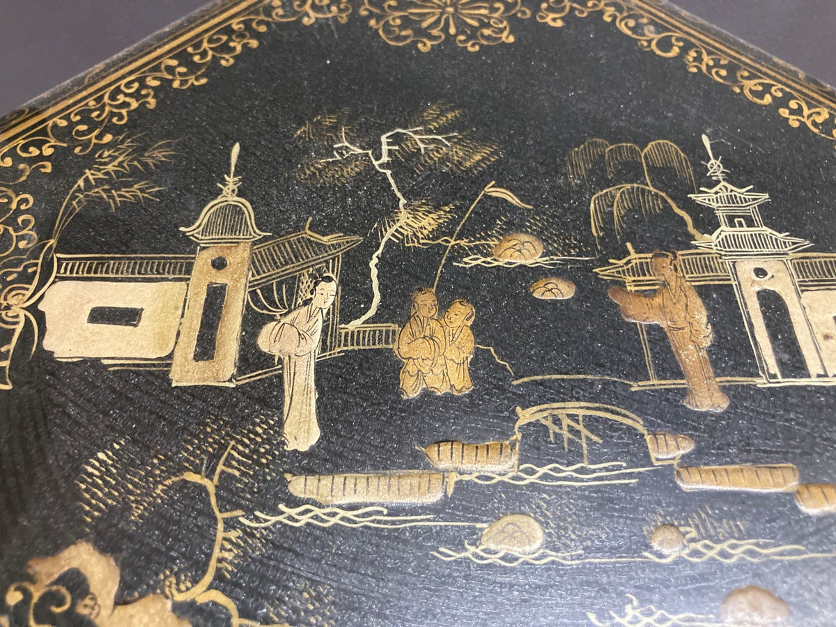 Large Chinese Tea Box Black Lacquered Gilt Hand Painted Octagonal Box 1940s
