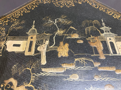 Large Chinese Tea Box Black Lacquered Gilt Hand Painted Octagonal Box 1940s