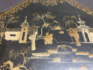 Large Chinese Tea Box Black Lacquered Gilt Hand Painted Octagonal Box 1940s