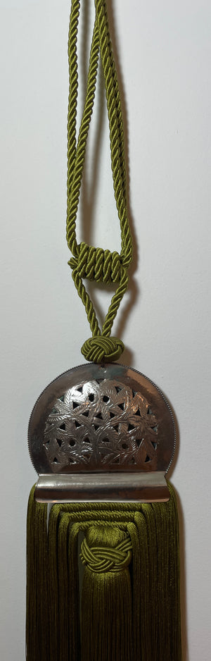 Large Moroccan Silk Handmade Tassel Passementerie Curtain Tieback in Olive Green