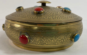 Vintage Moroccan Jewelled Trinket Brass Round Box with Beads