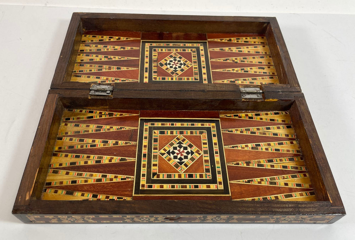 Middle Eastern Mosaic Inlaid Marquetry Box, Vintage Game Chest, 1950