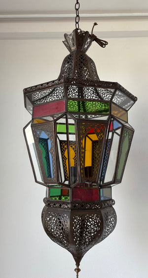 Moroccan Moorish Large Hanging Light Fixture Colored Glass Lantern