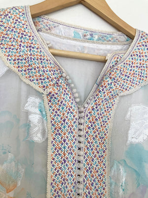 Vintage Moroccan Kaftan in Turquoise and Gold Floral Cheer Fabric