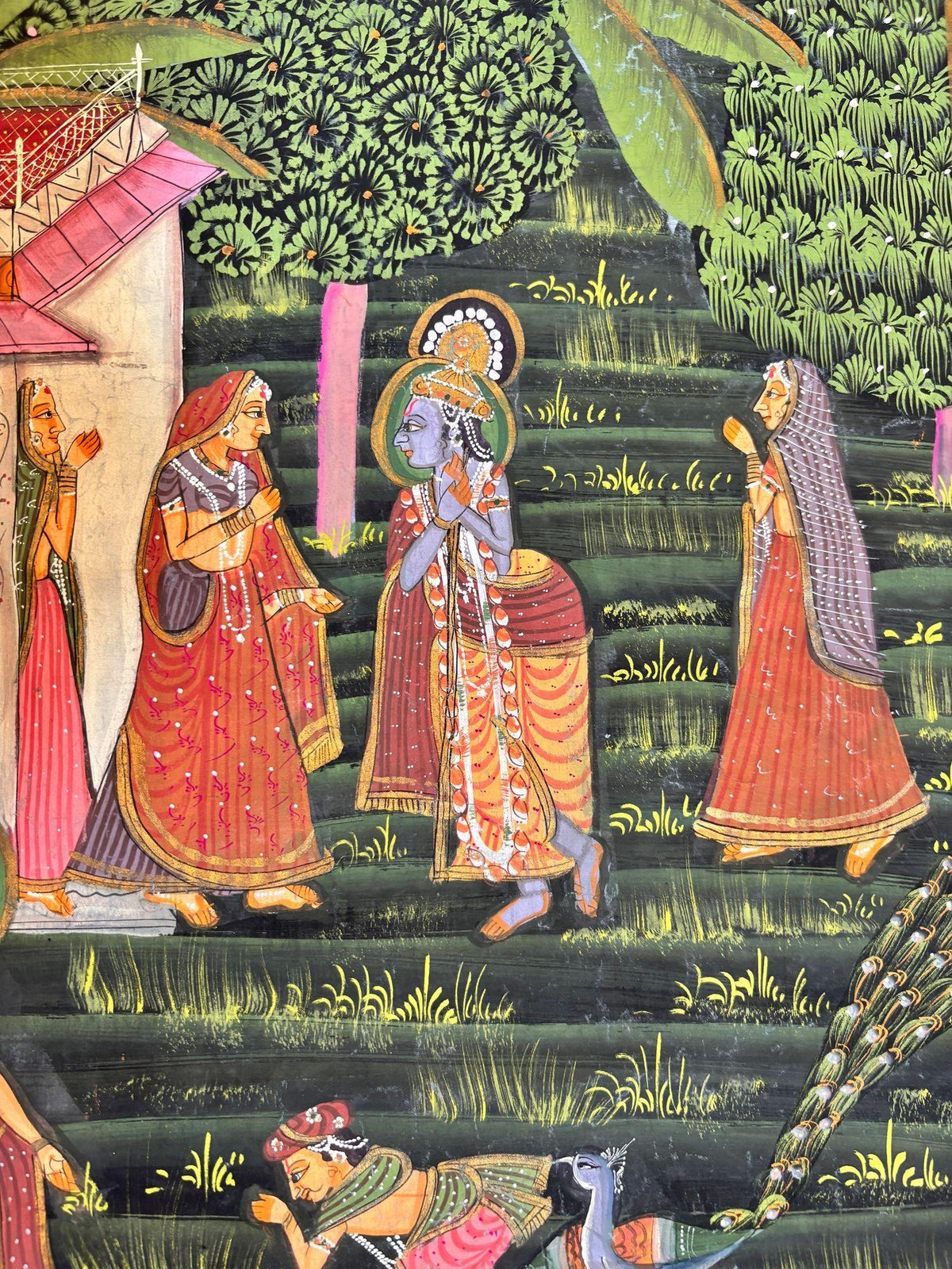 Vintage Rajasthani Krishna & Gopis Gouache and Gold Painting on Cloth — additional view 5