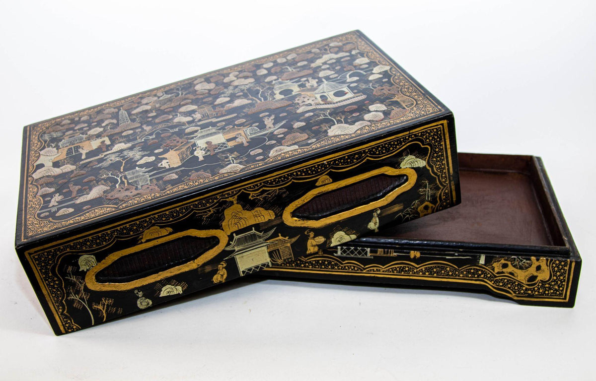 Large Chinoiserie Rectangular Black Lacquered Gilt Painted Covered Box 1950s — additional view 4