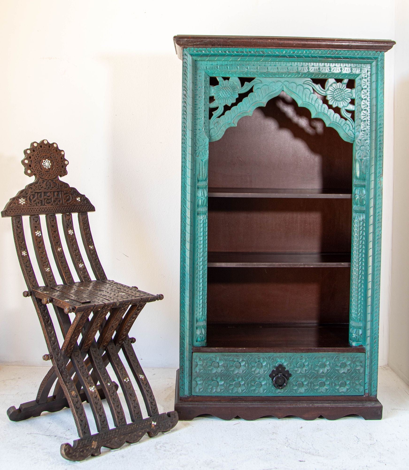 Hand-Carved Arch Bookshelf Wooden Cabinet in Rustic Blue