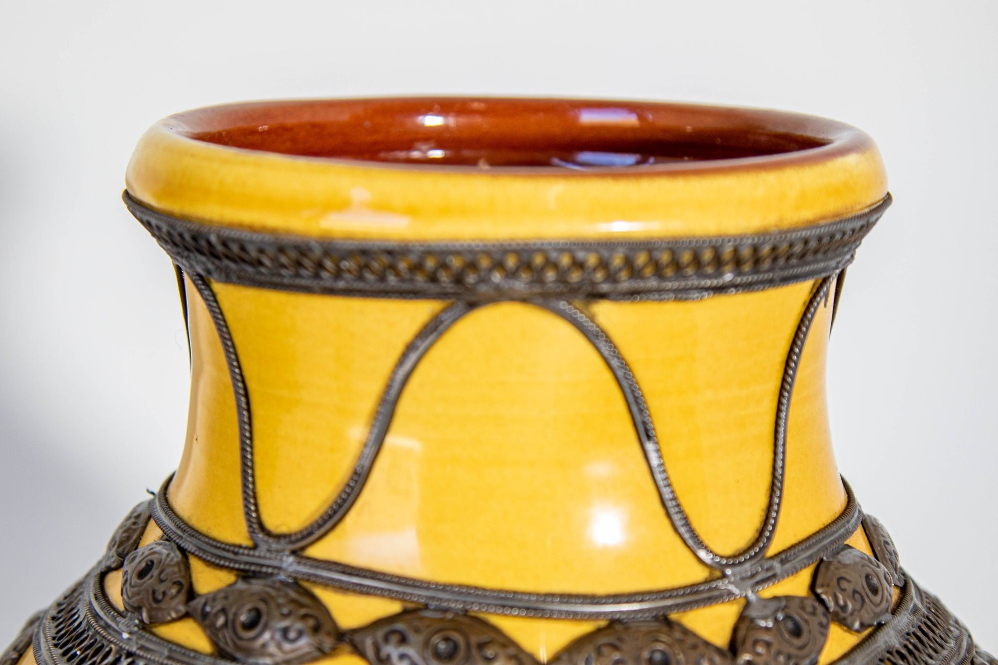 Antique Moroccan Ceramic Vase Bright Yellow with Metal Moorish