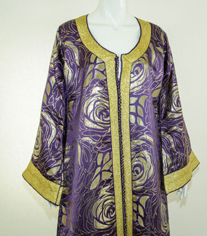 Moroccan Caftan Purple and Gold Damask Embroidered Vintage Kaftan 1960s