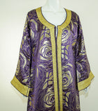 Moroccan Caftan Purple and Gold Damask Embroidered Vintage Kaftan 1960