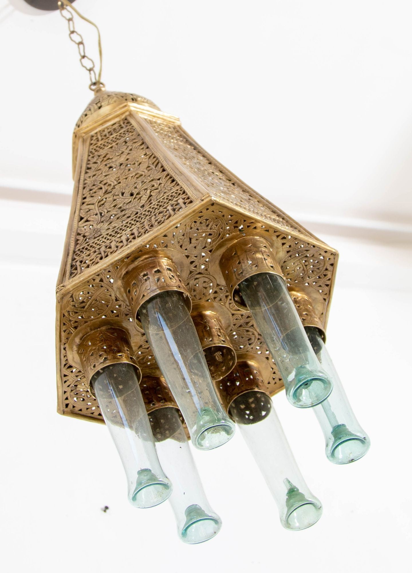 Antique Mamluk Turkish Pierced Brass Hanging Hexagonal Pendant Light Fixture